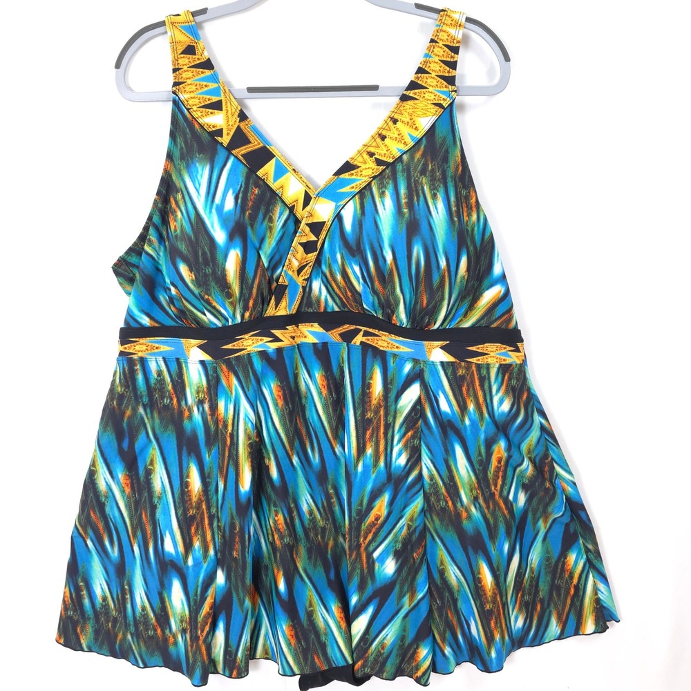 Septangle Swim Dress 24W Plus Blue Tribal Print Vacation Style, Coastal Swimwear